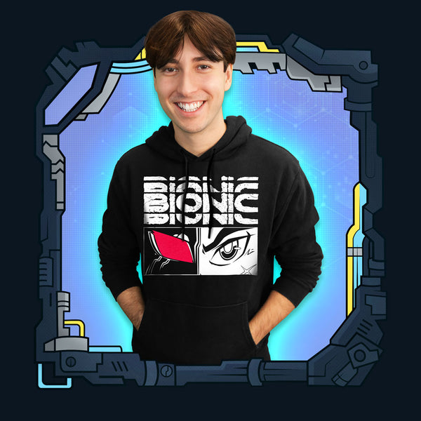 Bionic wearing black anime hoodie